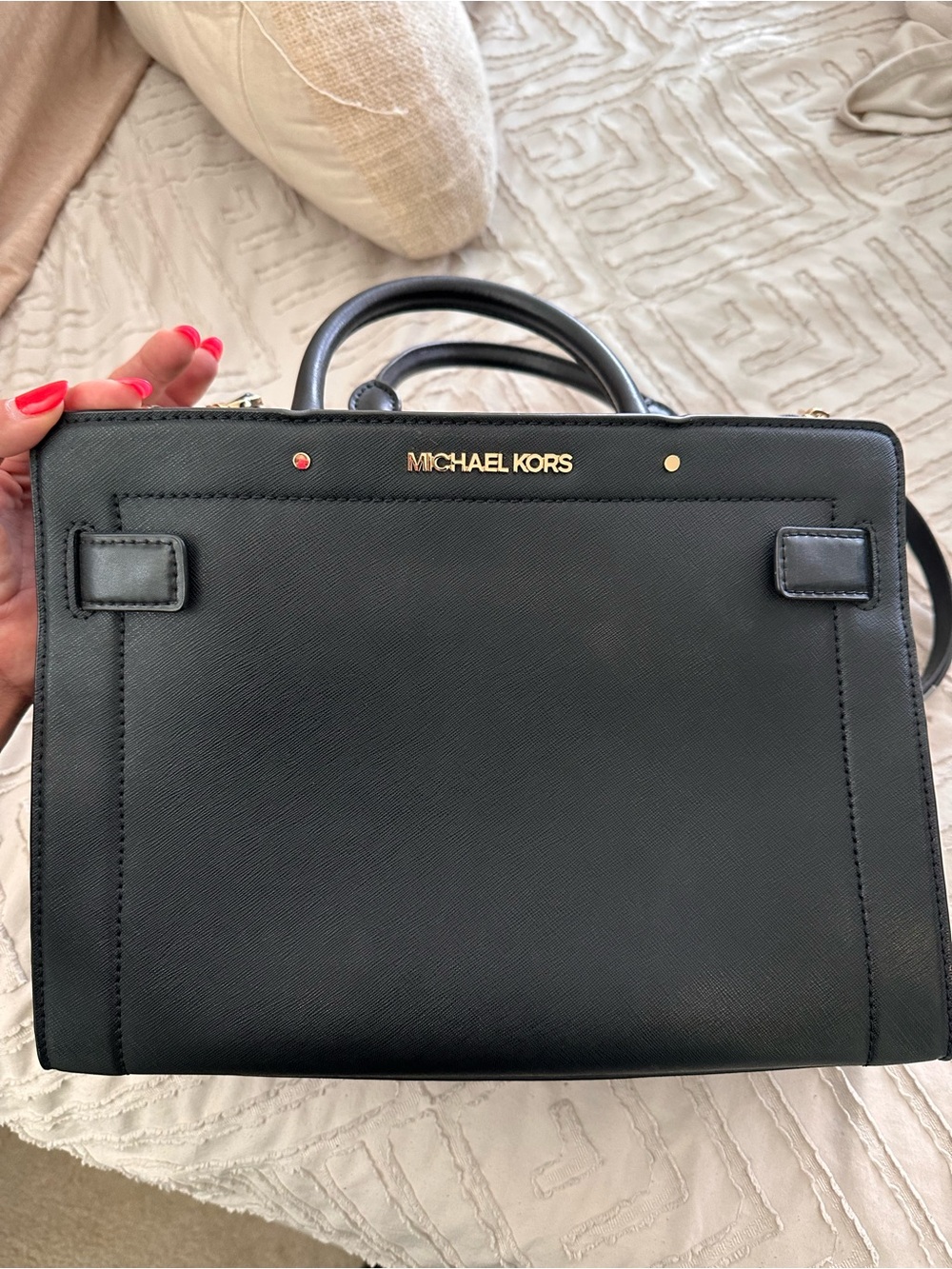 Michael Kors Black Saffiano Leather Satchel with Gold Logo